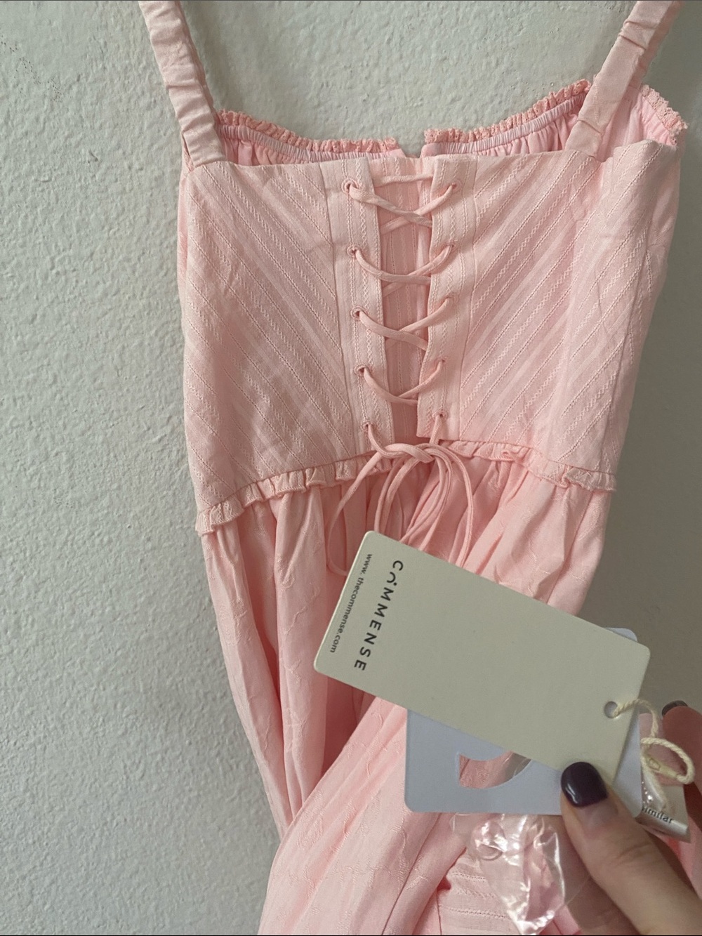 NWT Commense French Ruffle Hem Petal Pink Milkmaid Midi Dress‎ xSmall - Picture 9 of 10